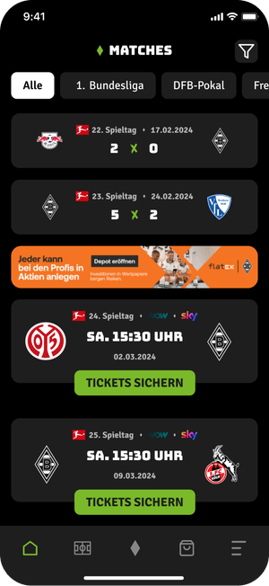App-Screenshot der Borussia Mönchengladbach FohlenApp mit Match-Übersicht, Spielergebnissen und Ticket-Button.
