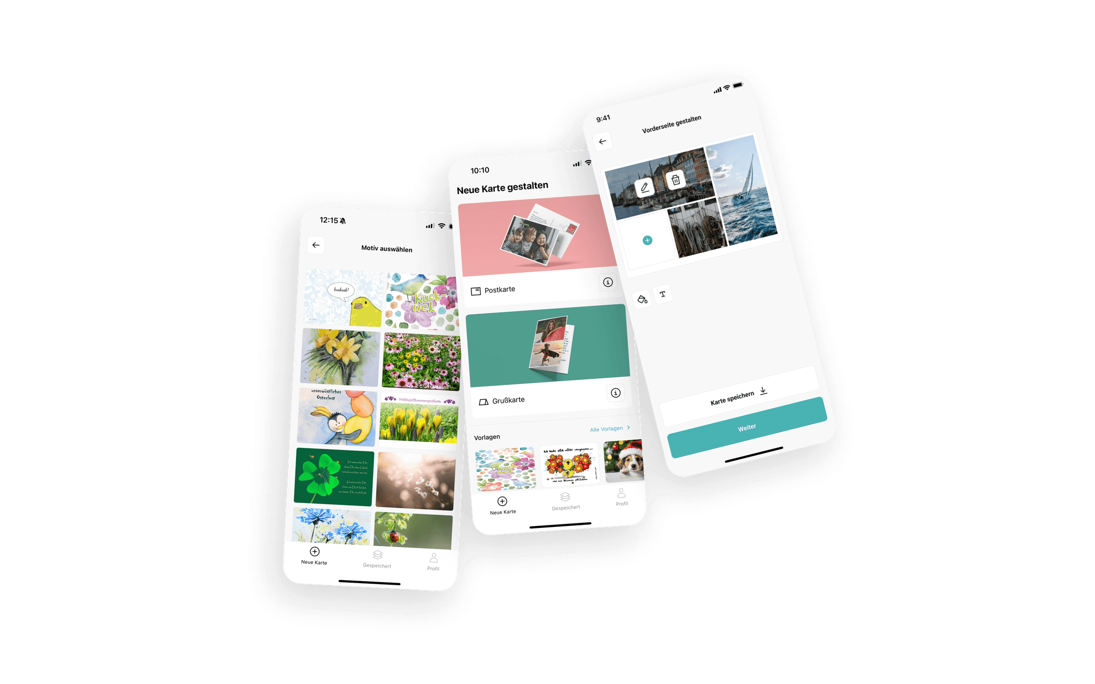Ein Abschnitt zeigt Screens mit Motiven zur Erstellung individueller Postkarten sowie detaillierten Beschreibungen. Du kannst Bilder aus verschiedenen Vorlagen auswählen.