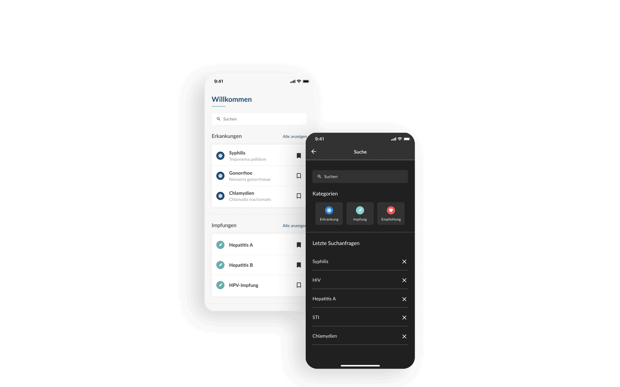 In den nächsten Abschnitten werden mehrere Screendesigns der DSTIG App präsentiert. Die Startseite der App besteht aus Suchfeld, Liste von STIs und Optionen für Lesezeichen. Dark-Mode der Suchseite in der Gesundheits-App mit Kategorien wie Erkrankung, Impfung und Empfehlung, plus einer Historie der letzten Suchanfragen.