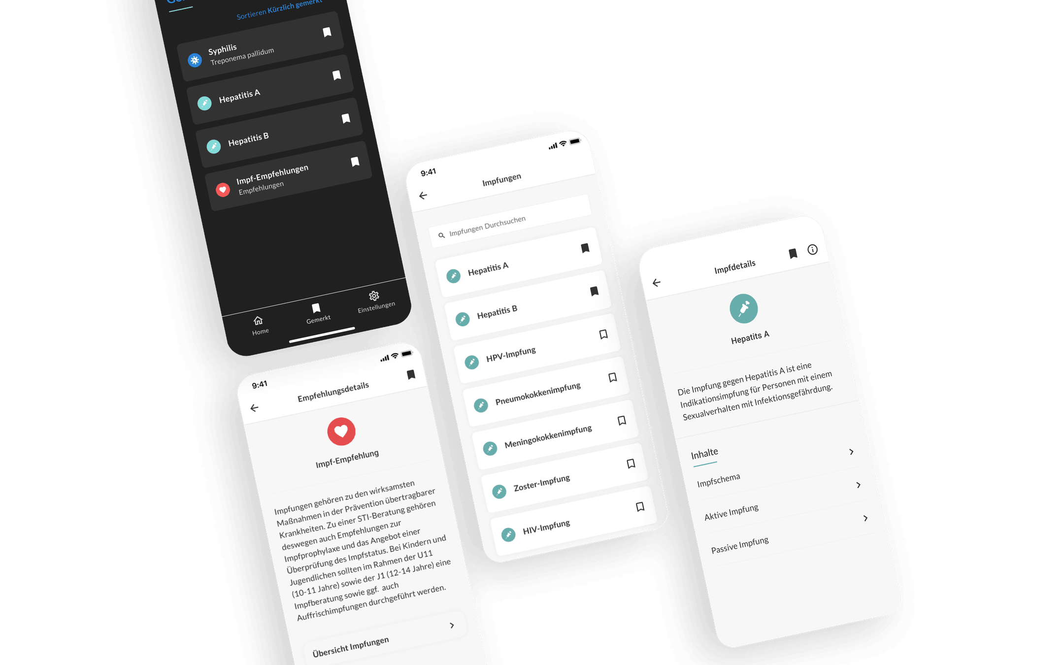 Der letzte Abschnitt zeigt Screens der App, die Empfehlungsdetails, sowie auch Impfdetails und auch eine Liste verfügbarer Impfungen wie Hepatitis, HPV und mehr.