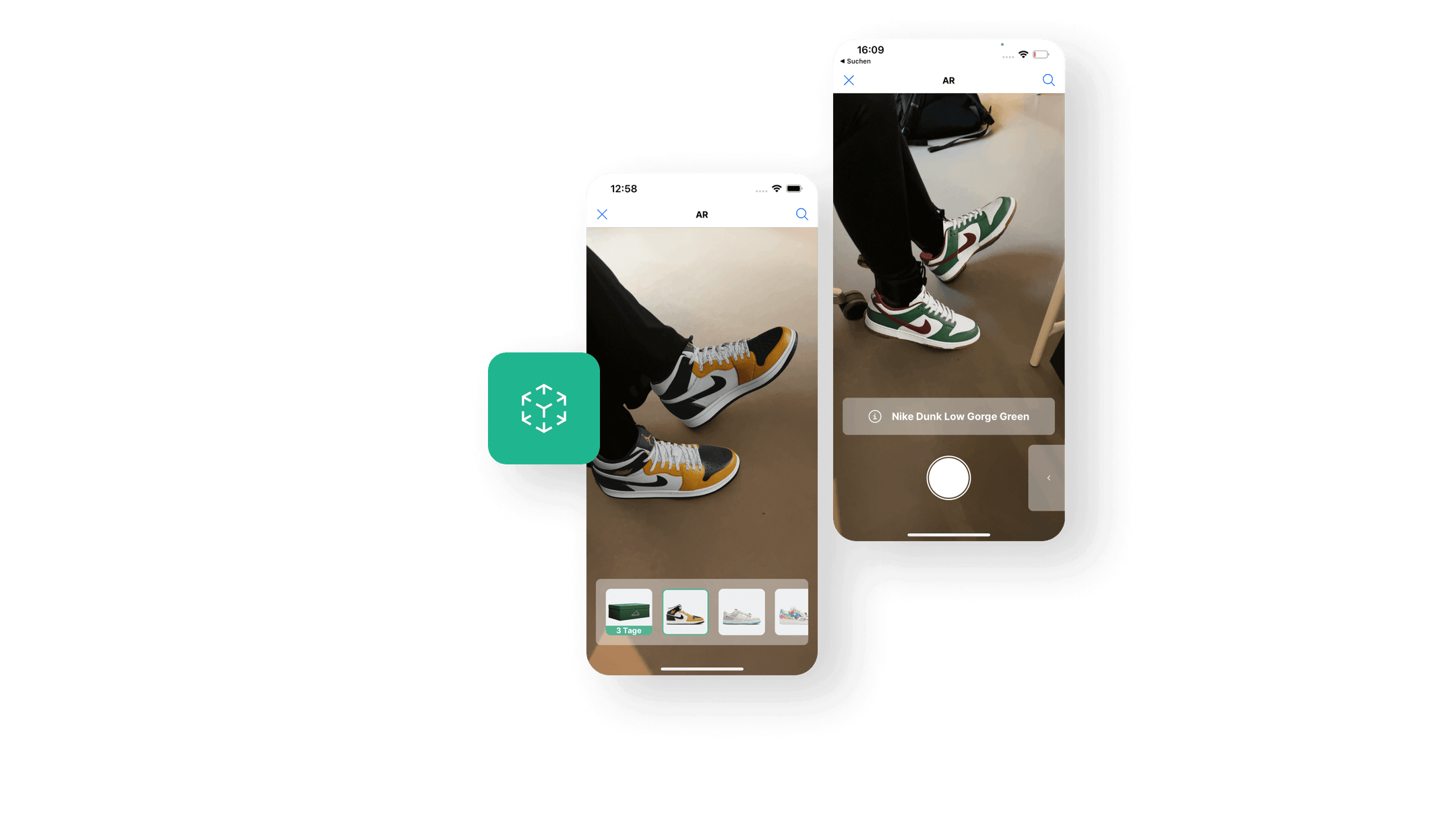 Virtuell anprobieren & perfekt finden! Mit unserer AR-Funktion können Kunden die Sneaker virtuell anprobieren und so die perfekte Passform finden. Die Screens dazu demonstrieren die virtuelle Anprobe-Technologie.