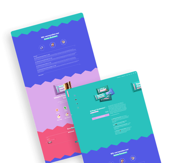 Die nächsten Abschnitte präsentieren einige Screendesigns der treatfuls App. Der erste Screen stellt die Verwendung bester Zutaten und Vorteile der veganen Snackriegel dar. Ein zweiter Screen demontiert das Angebot einer Probierbox und betont dazu die Vielfalt der biologischen Riegel. Die Farben von Treatfuls strahlen in lebendigen, intensiven Tönen.