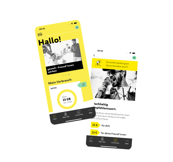 In den nächsten Abschnitten werden mehrere Abbildungen von der WEtell App präsentiert. Als erstes wird die Startseite der WEtell App gezeigt, auf dem der persönliche Datenverbrauch abgebildet ist. Ein weiterer Screen fordert dazu auf nachhaltigen Mobilfunk zu teilen und Prämien zu erhalten.