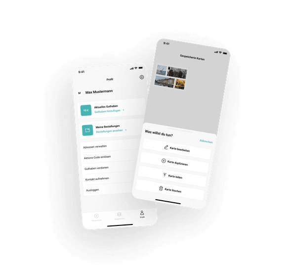 Zwei weitere Screens zeigen das Benutzerprofil, die Einstellungen und gespeicherte Postkarten mit Optionen zum Bearbeiten, Duplizieren und Teilen.