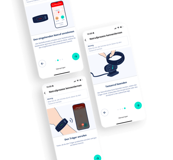 Um den Notfallprozess kennenzulernen, werden auf mehreren Screens die Schritte genaustens beschrieben, die ein Träger unternehmen sollte, wenn der Notfallknopf ausgelöst wird.