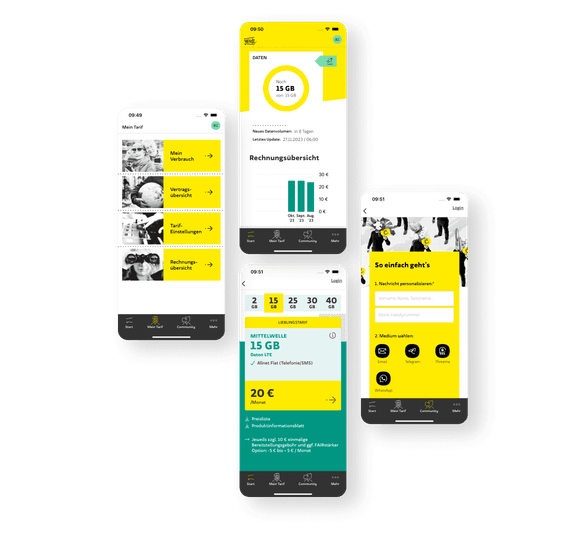 Ein weiterer Screen im nächsten Abschnitt zeigt  die 'Mein Tarif'-Seite in der WEtell App mit Optionen für Verbrauch, Vertragsdetails, Tarifeinstellungen und Rechnungen für bequemes Management. Drei weitere Screendesigns zeigen die aktuelle Rechnungsübersicht, die Auswahl der Mobilfunk-Tarife und die Hilfe und Support der App, den du zu jeder Zeit erhälst.