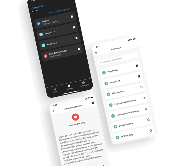 Der letzte Abschnitt zeigt Screens der App, die Empfehlungsdetails, sowie auch Impfdetails und auch eine Liste verfügbarer Impfungen wie Hepatitis, HPV und mehr.