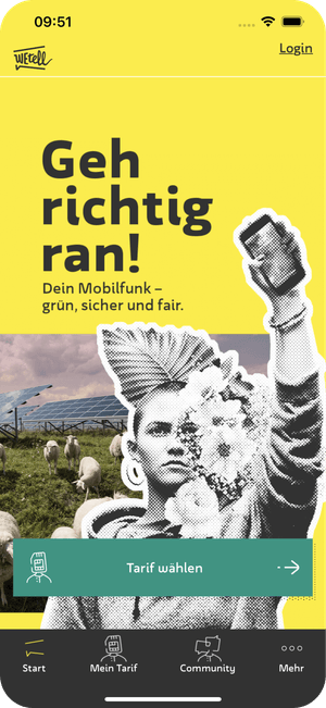 App-Screenshot der WEtell Mobilfunk-App mit Nachhaltigkeitsbotschaft und Tarifauswahl.