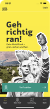 Ein kurzer Einblick in die WEtell-App zeigt eine Abbildung der Startseite, die für klimapositive Mobilfunktarife wirbt und zur Teilnahme an einer nachhaltigen Community einlädt.