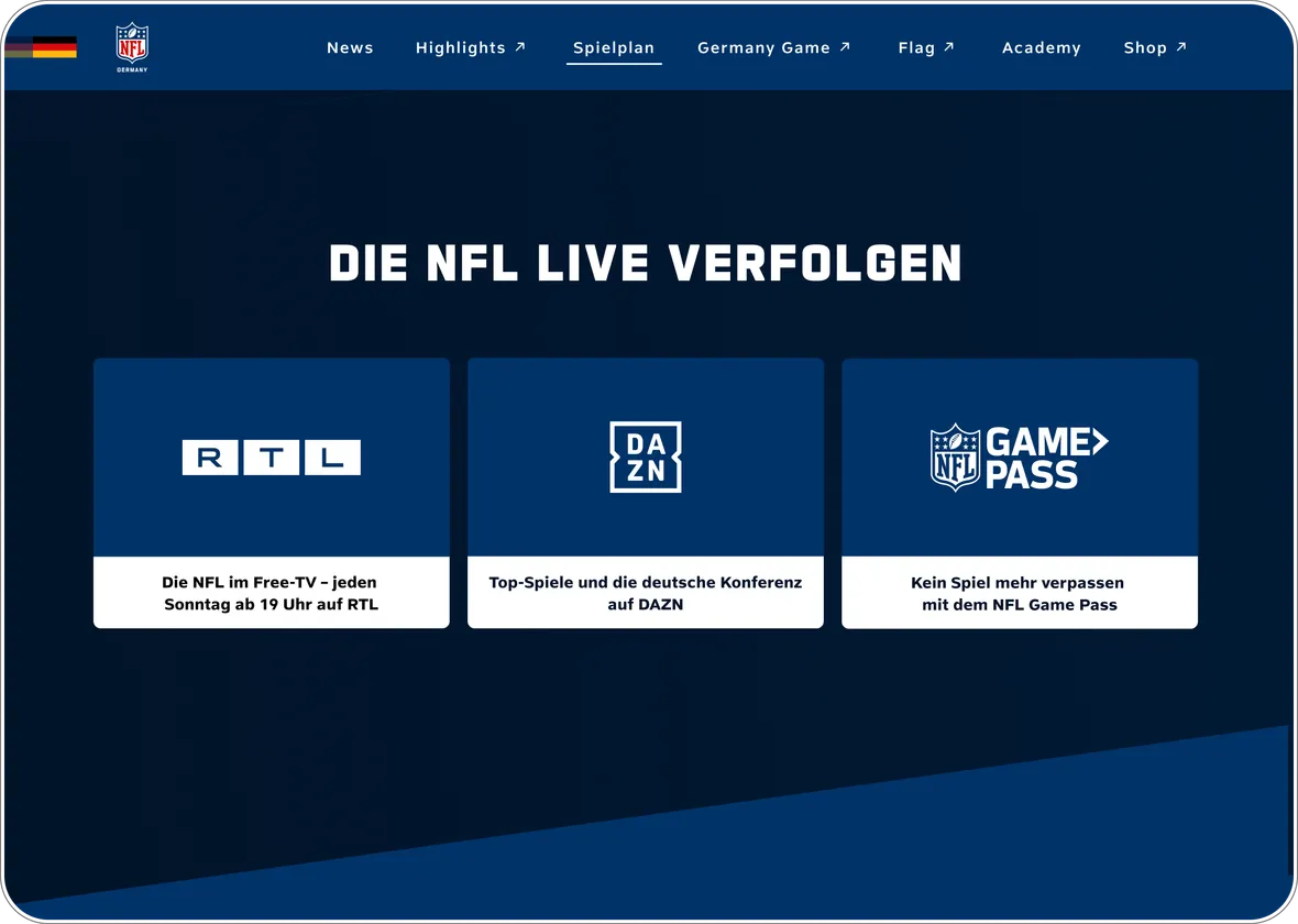 Übersicht der Streaming- und TV-Angebote zur Live-Verfolgung der NFL auf der NFL-Germany-Plattform