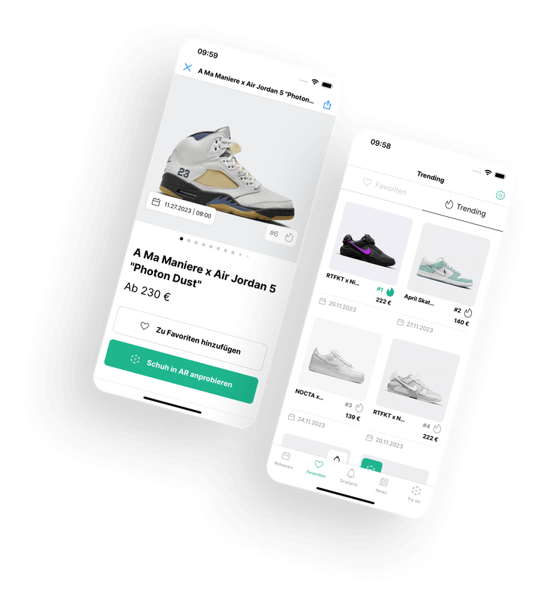 Abbildung von Screendesigns der Grailify-App, mit der die Nutzer neue Sneaker-Versionen entdecken können. Enthält auch Funktionen wie Favoriten, Alarm und News.