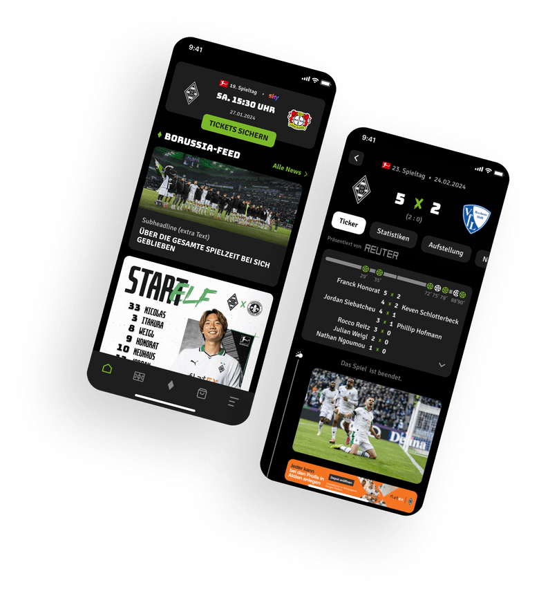 Abbildung von Screendesigns der FohlenApp des Fußballvereins Borussia Mönchengladbach mit Funktionen wie aktuelle News, Live-Ticker, digitale Tickets und detaillierte Spielstatistiken.