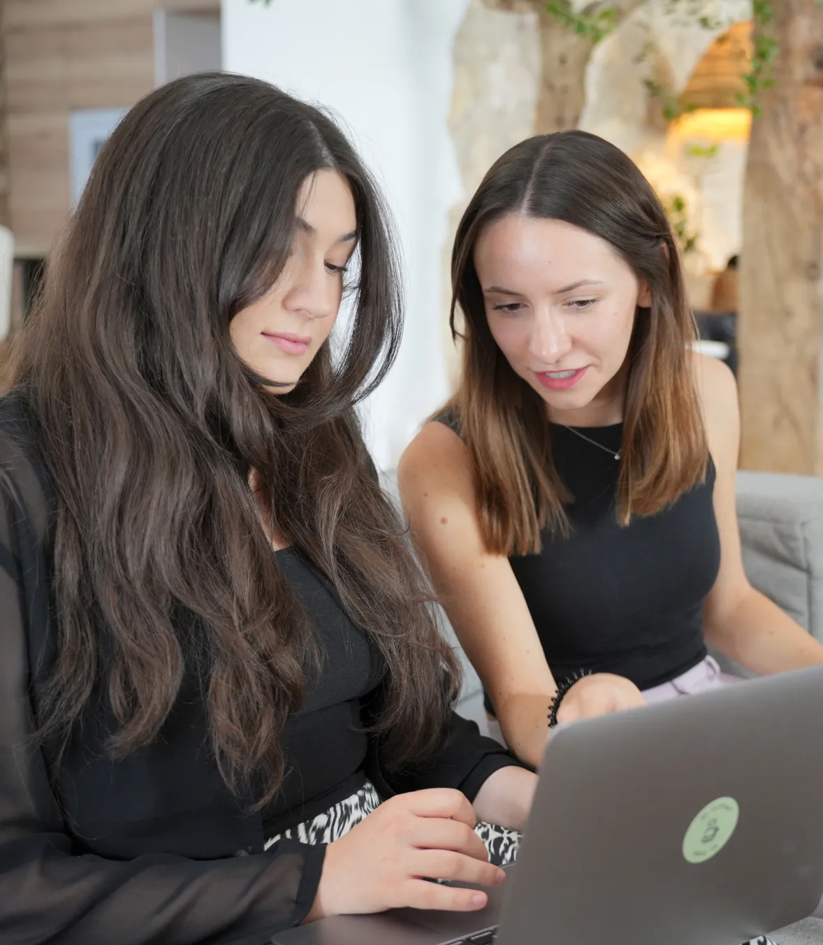 Zwei Teammitglieder einer Agentur arbeiten gemeinsam an einem Laptop an einer Software-Entwicklung.